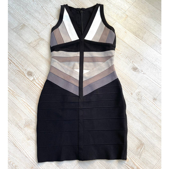 Colorblock Bodycon Bandage Dress | Black/Tan Size Large - Picture 1 of 6